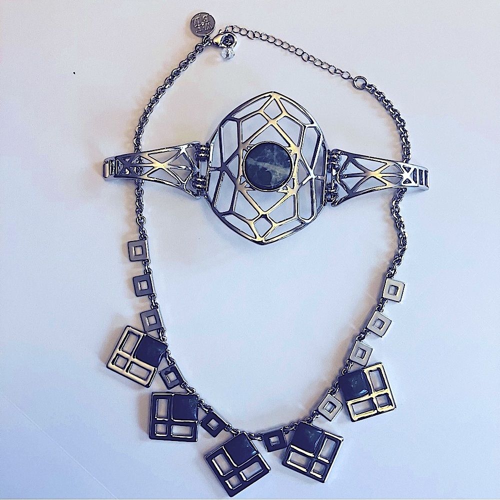 Lapis Lazuli Blue and Silver Geometric Necklace & Bracelet set  WH/BM.